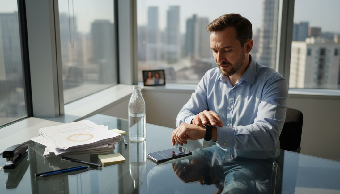 Man checks Samsung smartwatch at messy office desk