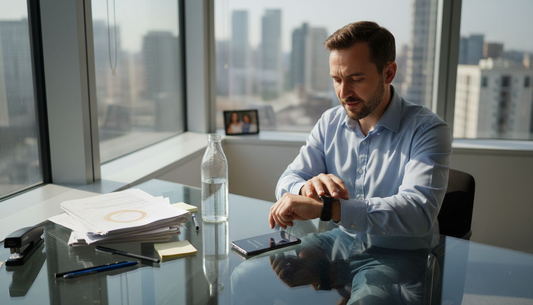 Man checks Samsung smartwatch at messy office desk