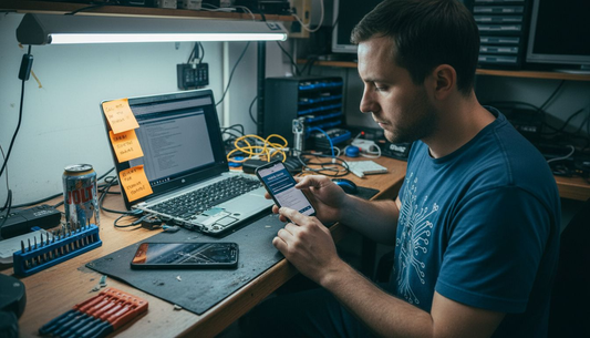 Technician scanning Android phone for viruses