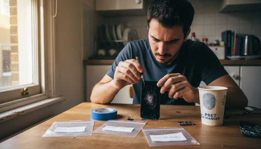 Person repairing cracked phone screen at home