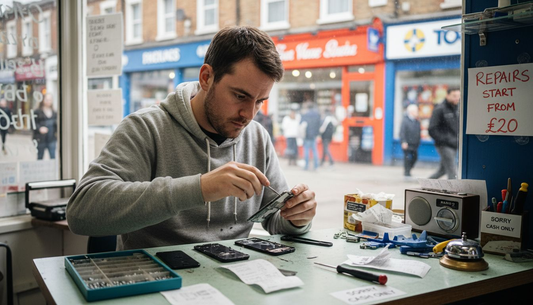 Technician repairing cracked phone screen in UK shop
