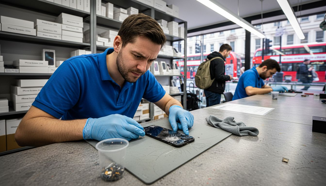 Technician inspects cracked iPhone in repair shop