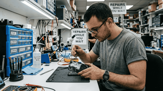 Technician inspecting cracked iPhone 8 on workbench