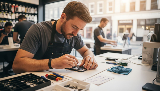 Technician repairing phone camera in shop