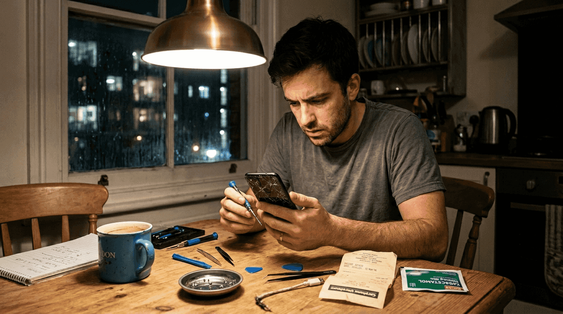 Man examines cracked phone screen at kitchen table