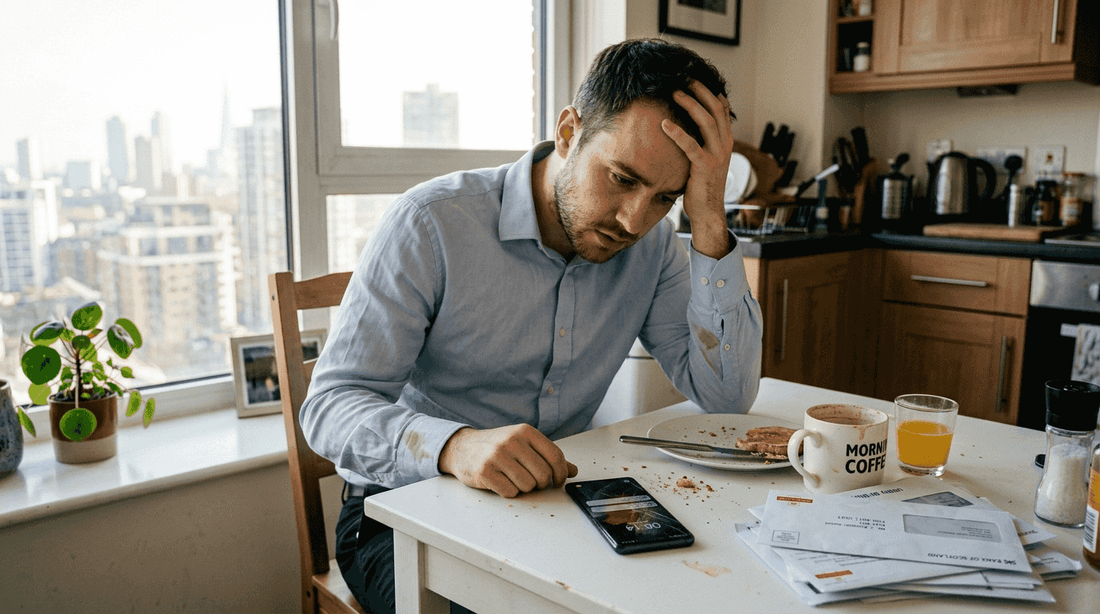 Man worried over cracked Samsung phone at breakfast table