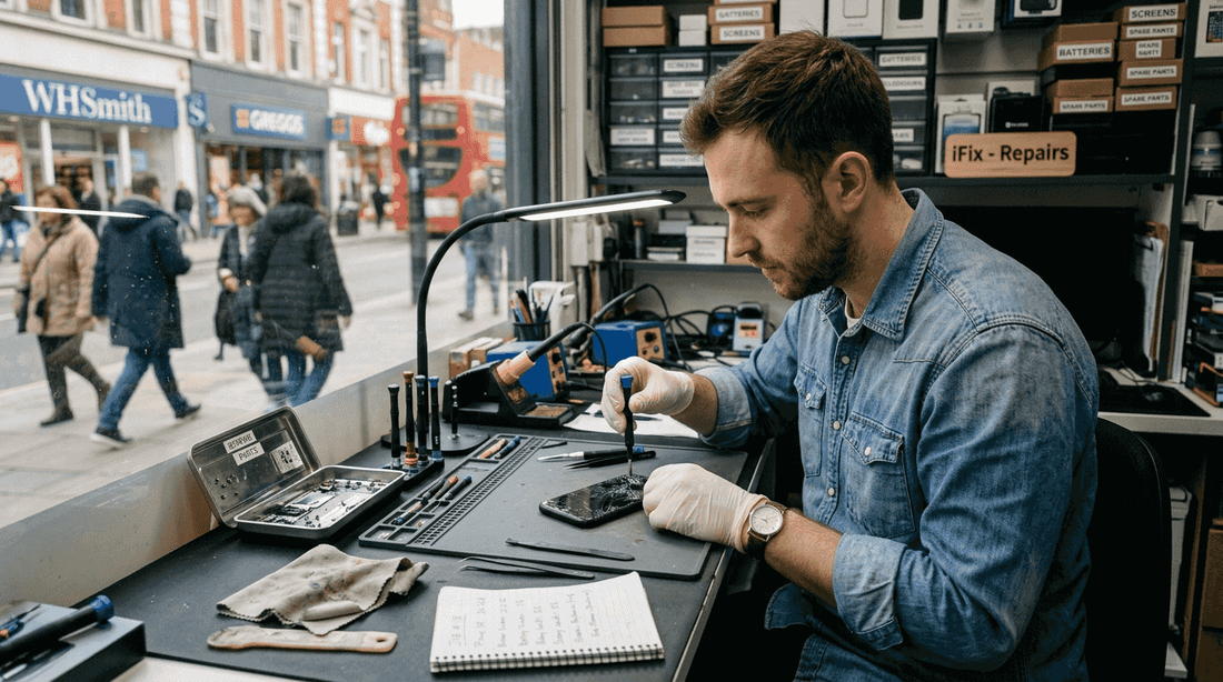 Technician examining cracked iPhone XR screen