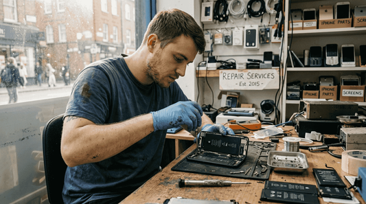 Technician inspecting iPhone 11 battery in workshop