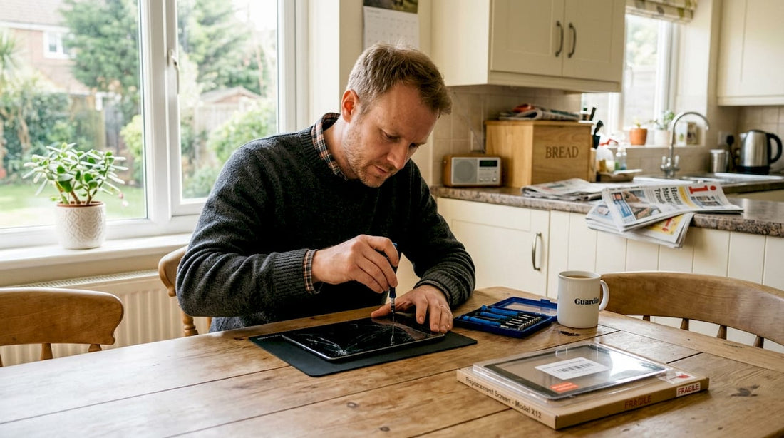 Man repairing tablet screen in kitchen workspace