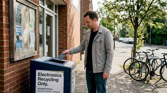 Man recycling old phone at local bin