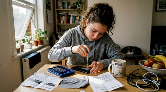 Beginner repairing smartphone at kitchen table