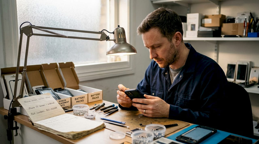 Technician checking phone case at repair bench