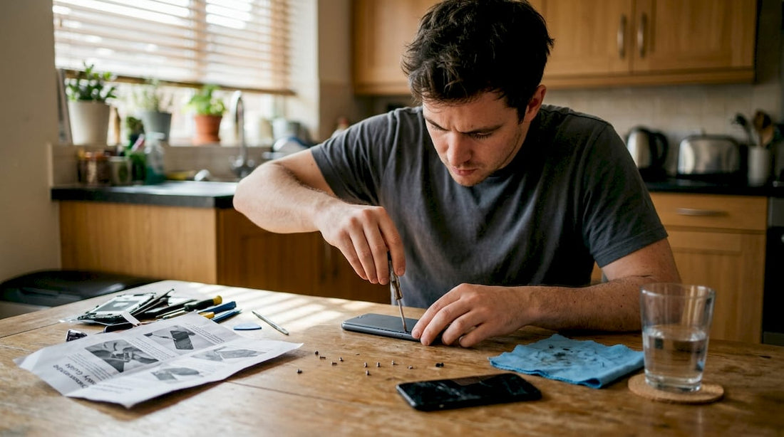 Person attempting smartphone repair at cluttered kitchen table