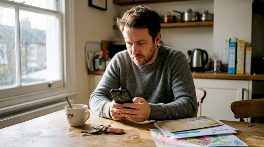 Man using smartphone with screen protector at kitchen table