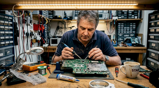 Technician replacing capacitor on laptop motherboard