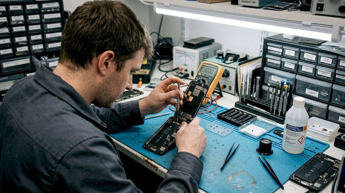 Technician opening smartphone at cluttered workbench
