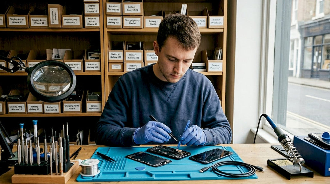 Technician repairing phone screen at workspace