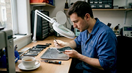 Technician repairing phone screen at workshop