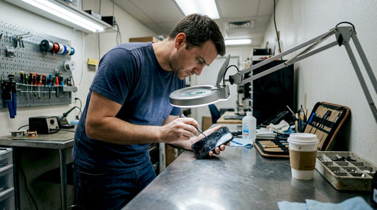 Technician inspecting cracked iPhone at workbench