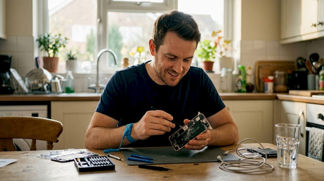 DIYer repairing smartphone LCD at kitchen table