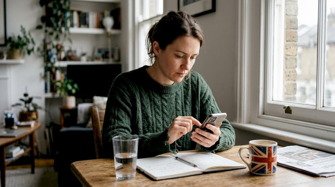 Woman checking phone battery at dining table