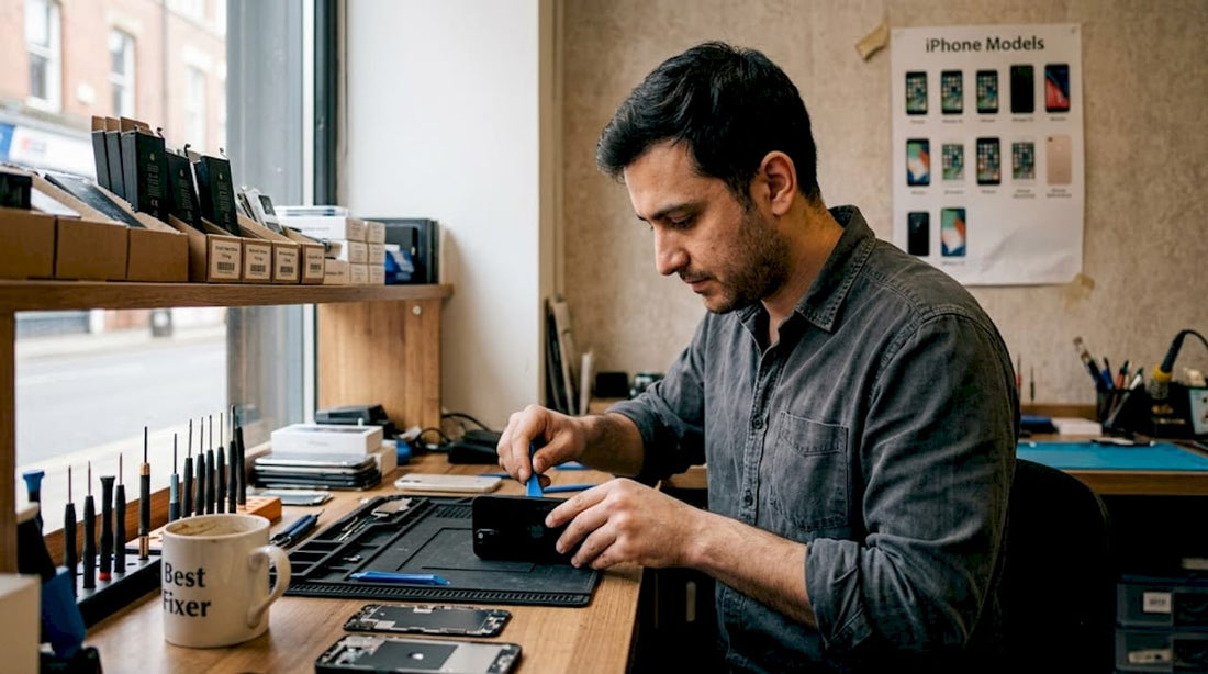 Technician replacing iPhone battery in UK shop