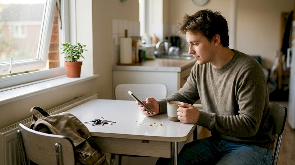 Person using phone at breakfast table