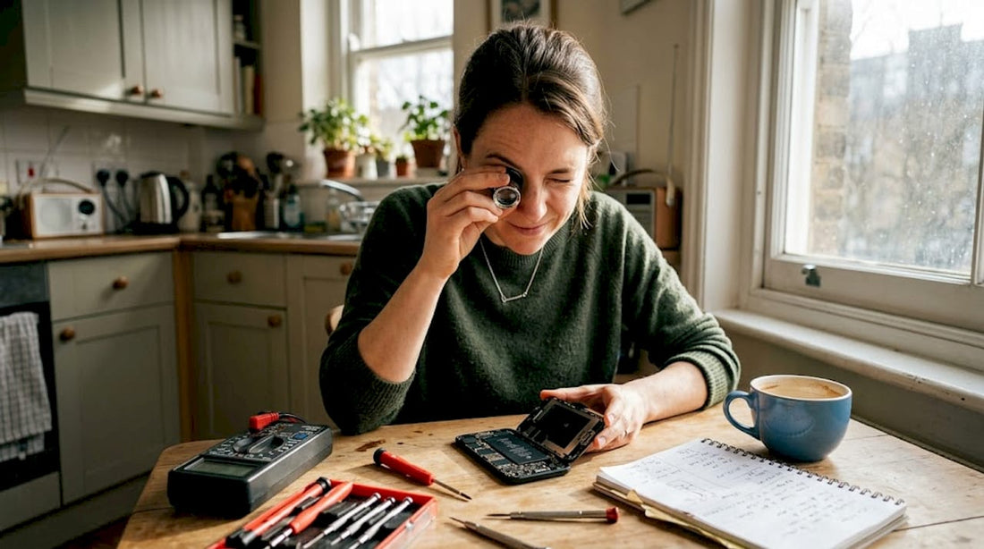 Woman preparing to diagnose phone at kitchen table