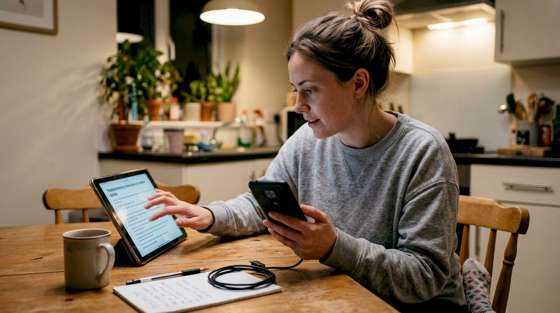 Person troubleshooting Motorola phone at kitchen table