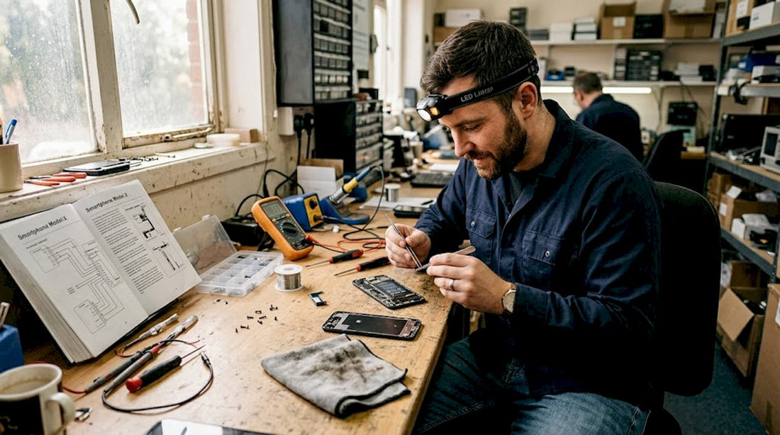 Technician examining smartphone battery terminal