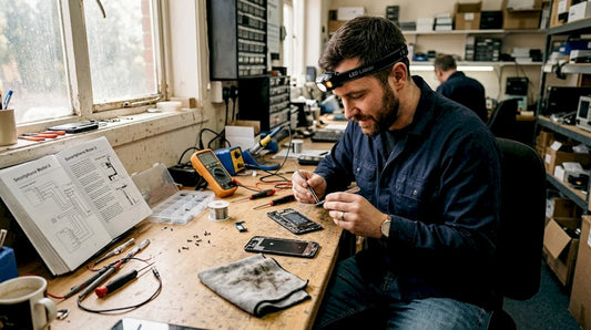 Technician examining smartphone battery terminal