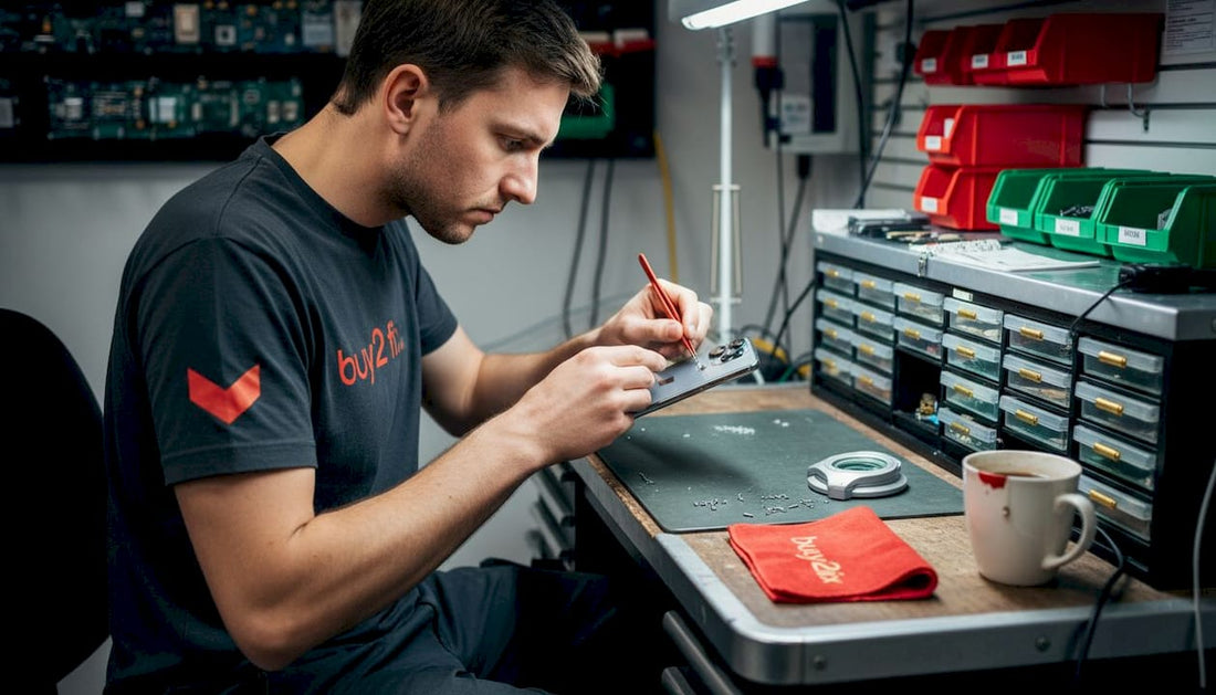 Technician repairing iPhone camera lens in shop