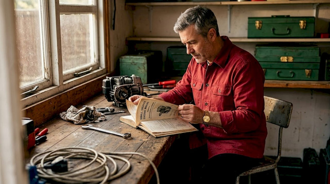 Man referencing small engine manual at workbench