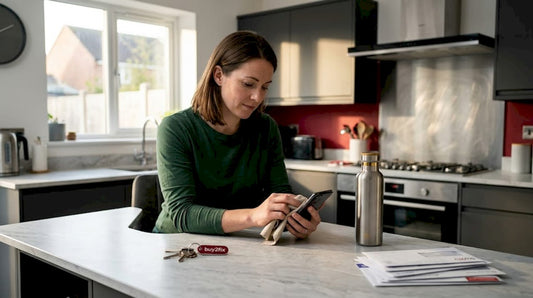 Person cleaning smartphone with cloth in kitchen