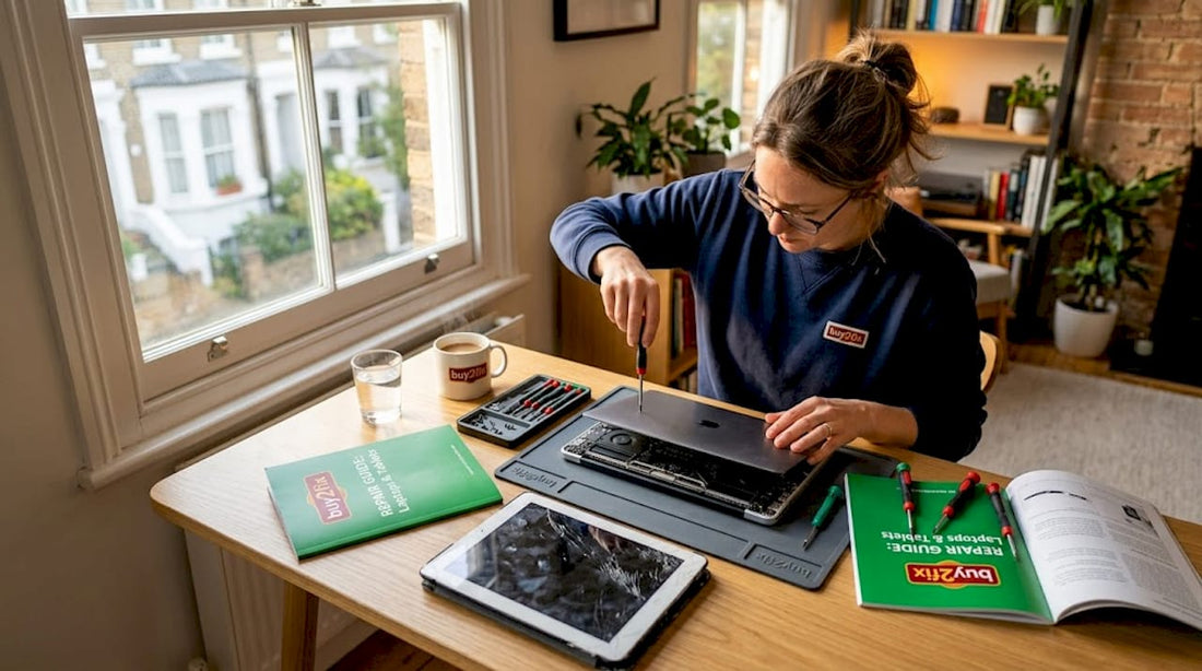 Woman repairing laptop and tablet at kitchen table