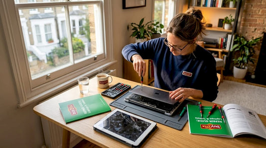 Woman repairing laptop and tablet at kitchen table