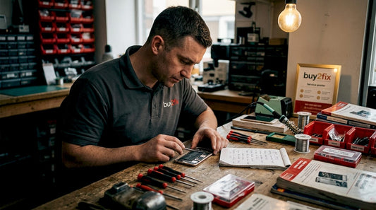 Technician examining smartphone motherboard repair
