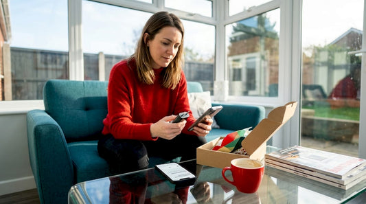 Woman comparing phone accessories on sofa