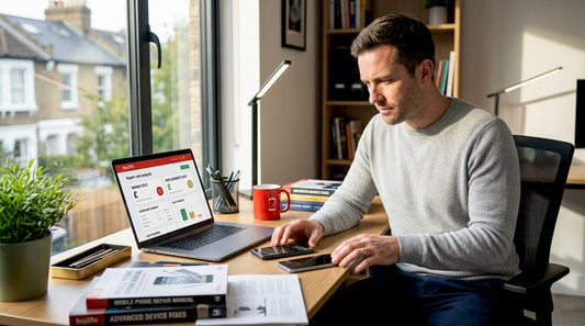 Man comparing smartphones in office setting