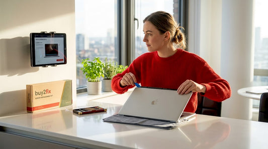 Person removing laptop screen at home workspace