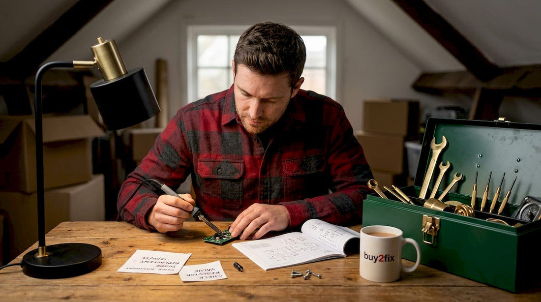 Man repairs electronics at living room desk