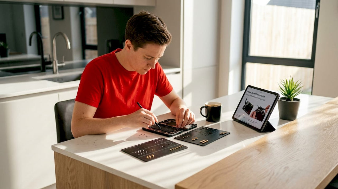 Person organizing phone parts at kitchen table