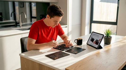 Person organizing phone parts at kitchen table