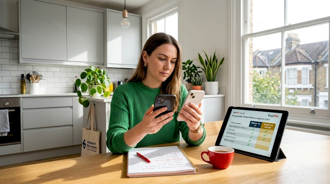 Woman comparing iPhones and guide at kitchen table