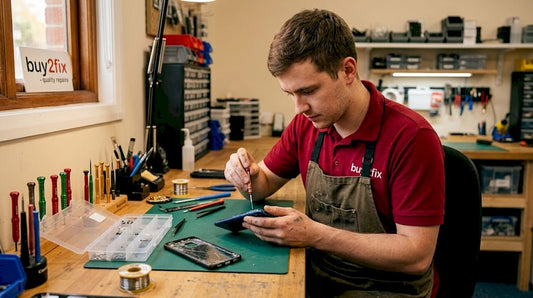 Technician repairing smartphone at cluttered workbench
