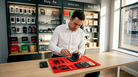 Technician repairing phone at organized workbench