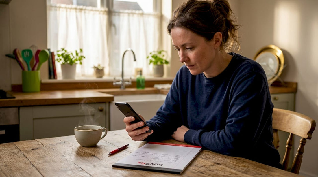 Woman checking iPhone 7 battery health at kitchen table
