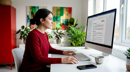 Home office with person using LCD computer monitor