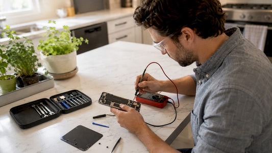 Technician testing mobile phone components at workbench