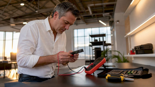 Technician testing iPhone 6 battery with multimeter